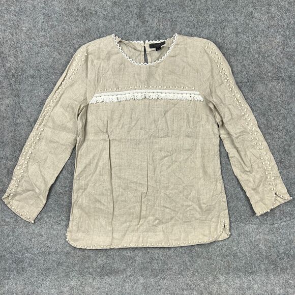 J Crew Shirt Womens 0 Small Brown 100%‎ Linen Embroidered Long Sleeve Top - Picture 1 of 14